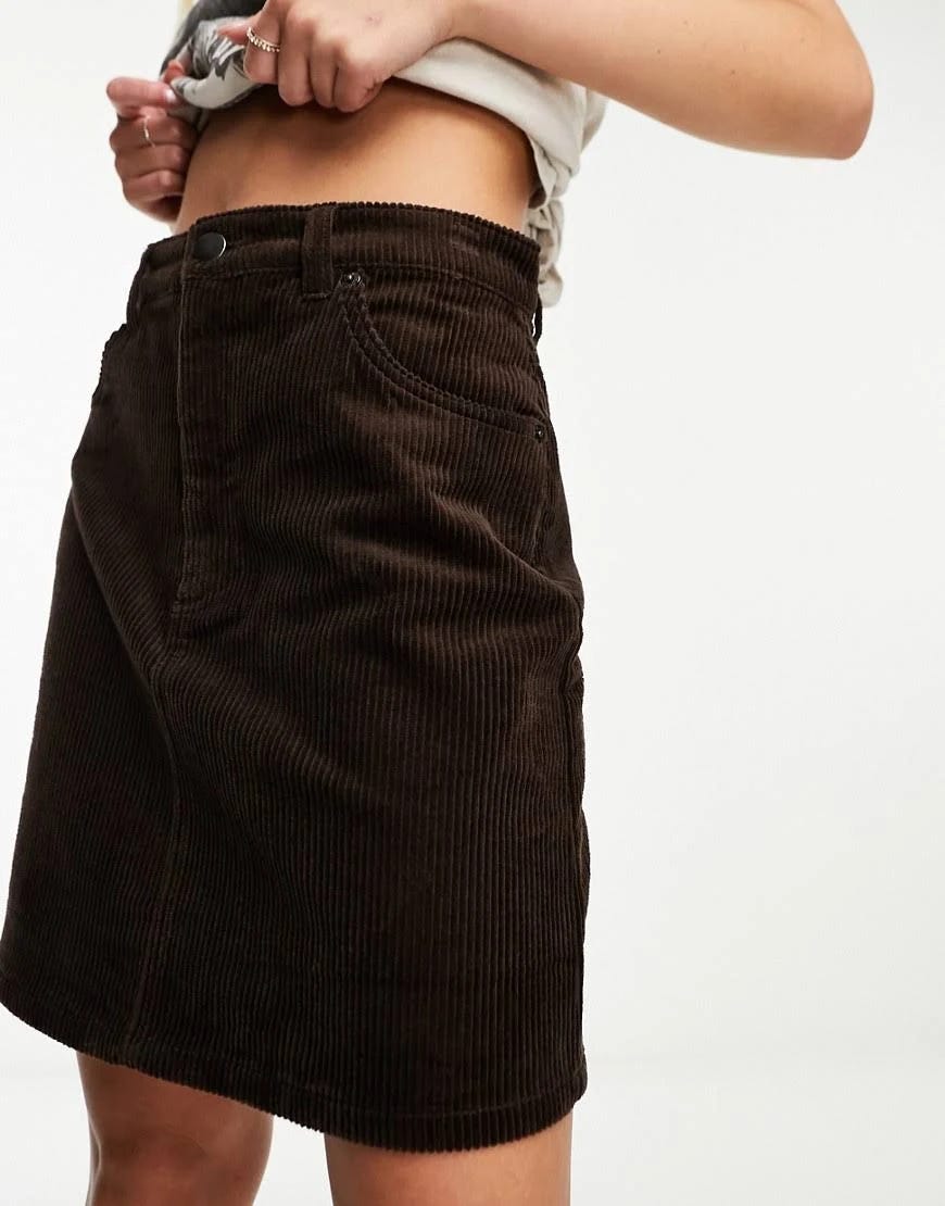 Cord Mini Brown Skirt - High Rise, Pocket Details, 99% Cotton | Image