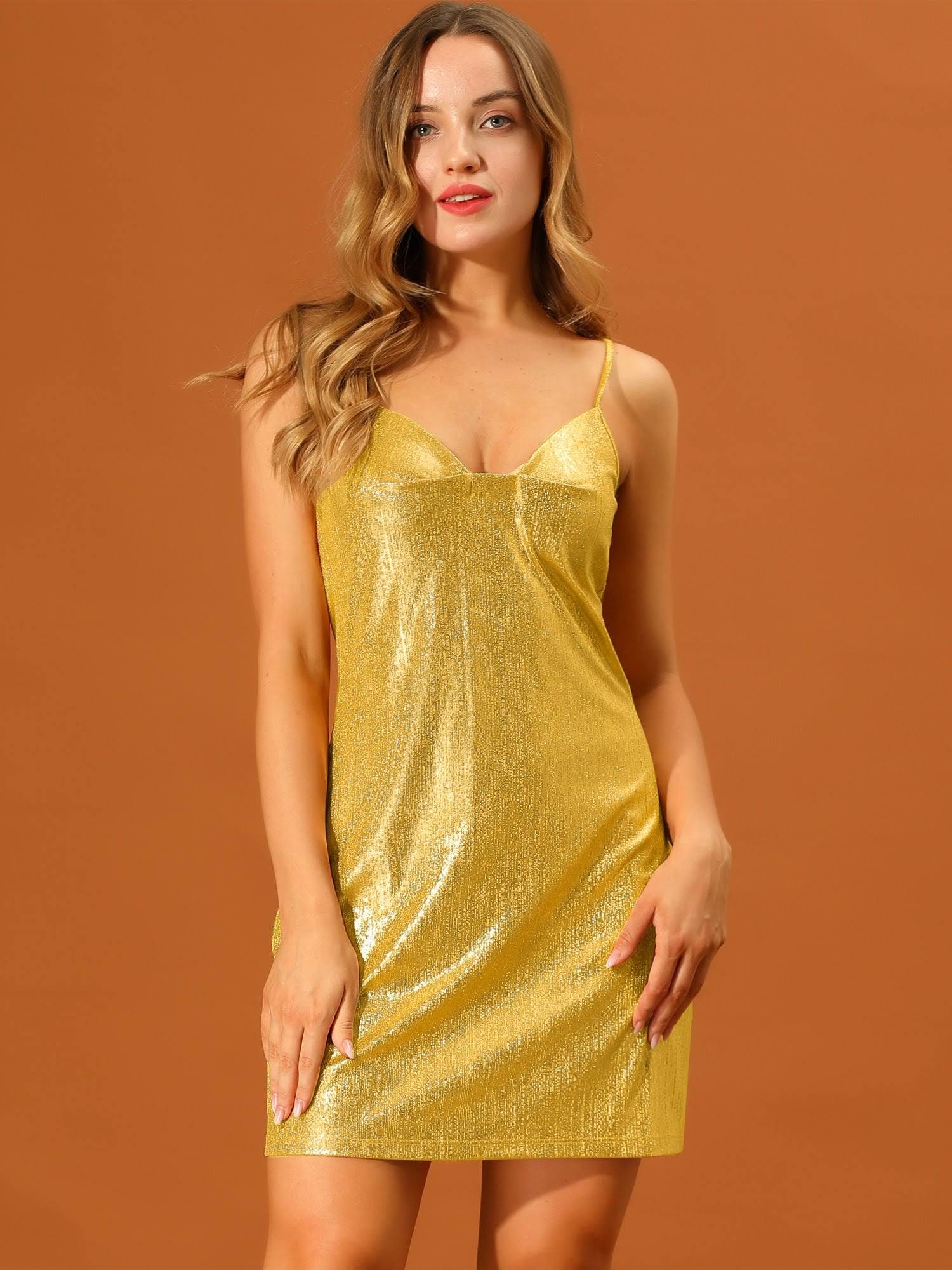 Stylish Gold Metallic Spaghetti Strap Dress | Image