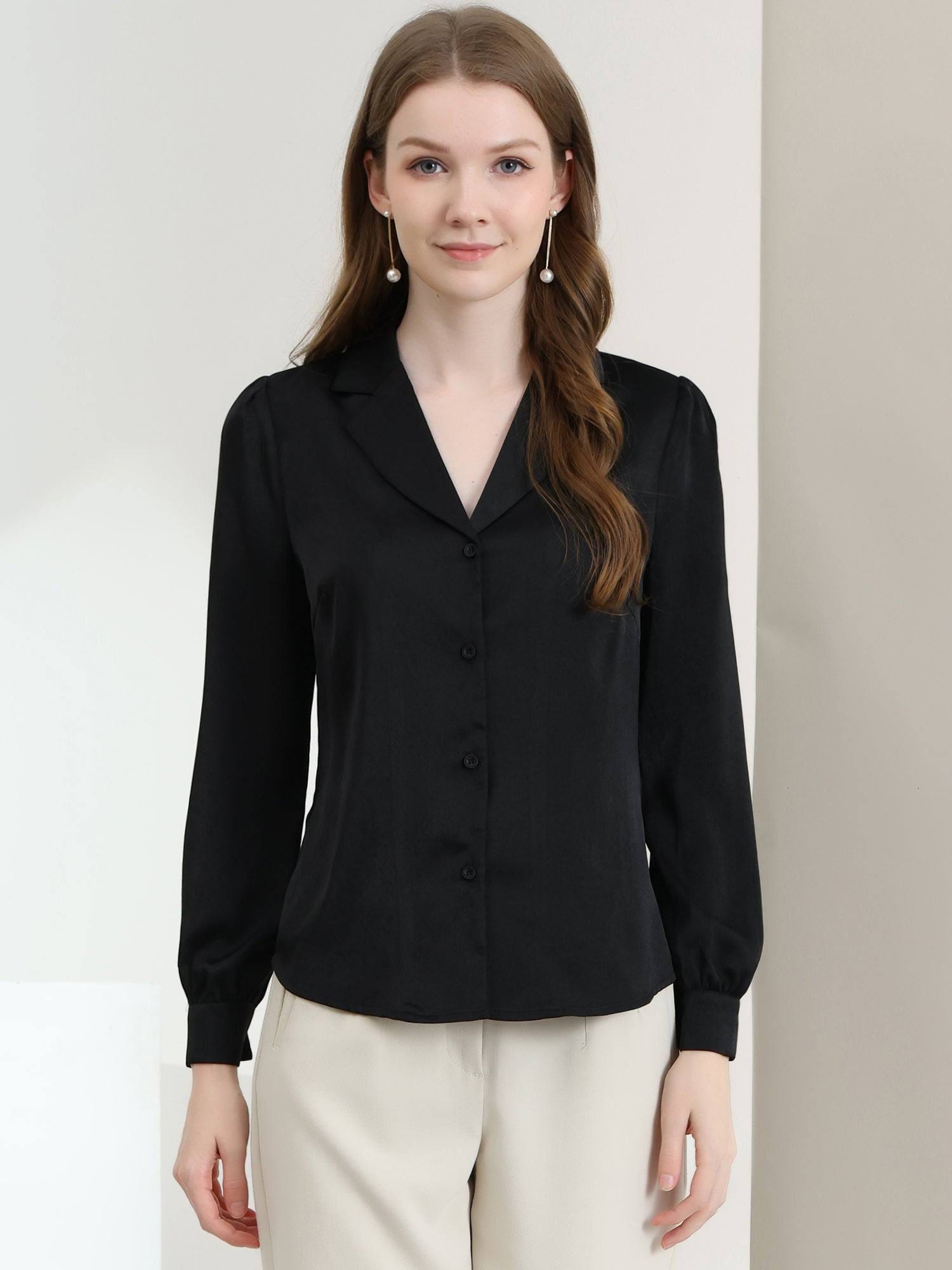 Elegant Satin V-Neck Long Sleeve Blouse for Work | Image