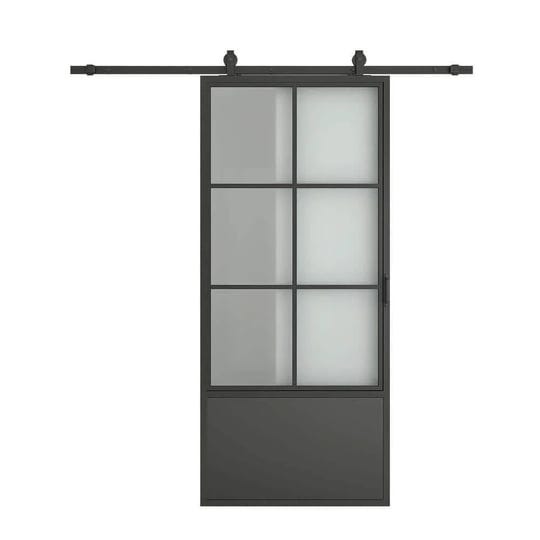 calhome-37-in-x-84-in-black-frosted-glass-steel-single-barn-door-hardware-included-1