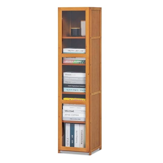 magshion-bamboo-narrow-5-tiers-bookcase-with-acrylic-doors-display-storage-shelves-brown-for-home-si-1