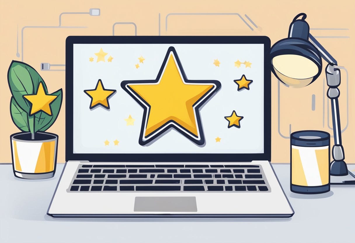 A wordhero review: a laptop screen displaying a 5-star rating, with a thumbs-up icon and positive comments. A desk lamp illuminates the scene