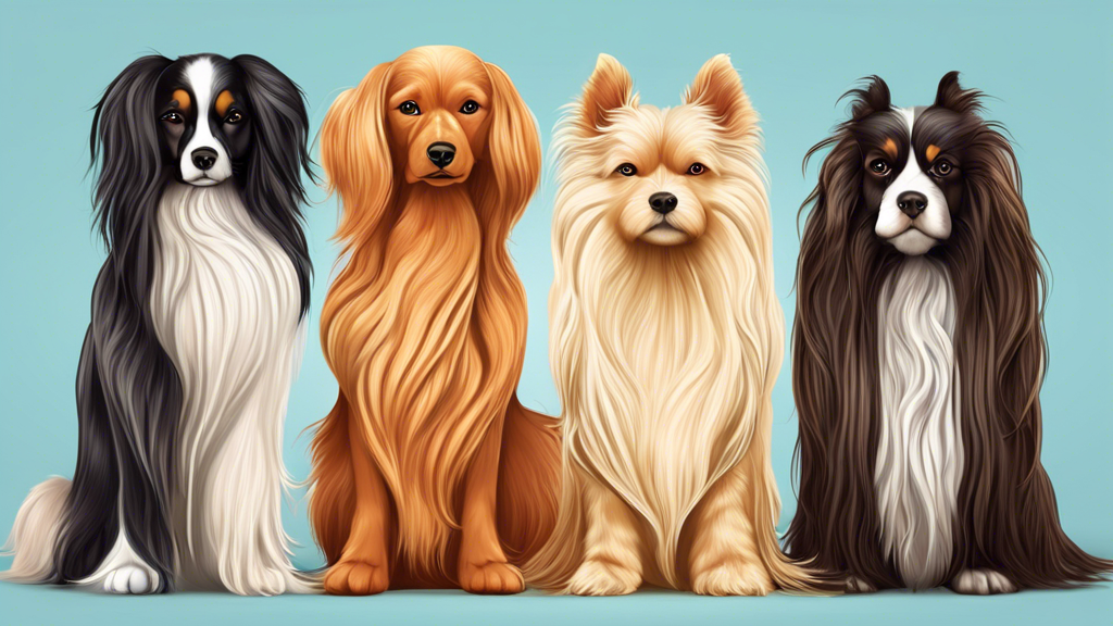 Create an image illustrating five different dog breeds with long, silky hair. Each breed should be easily distinguishable and showcase their unique features such as fur color, length, texture, and overall appearance.