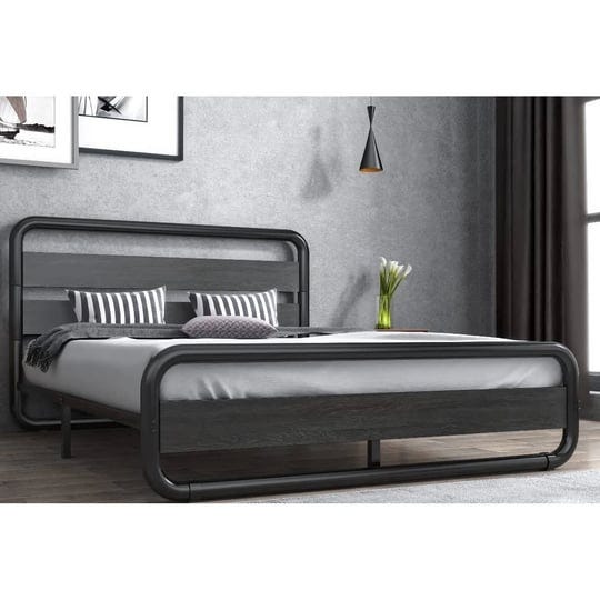 heavy-duty-round-metal-frame-platform-bed-with-black-wood-panel-headboard-queen-1