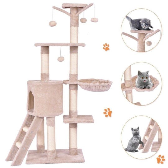 costway-56-cat-tree-kitten-pet-play-house-furniture-condo-scratching-posts-ladder-beige-1