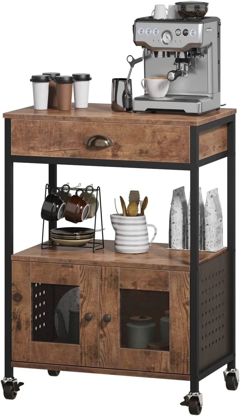 Industrial Microwave Stand with Versatile Shelving and Coffee Bar | Image