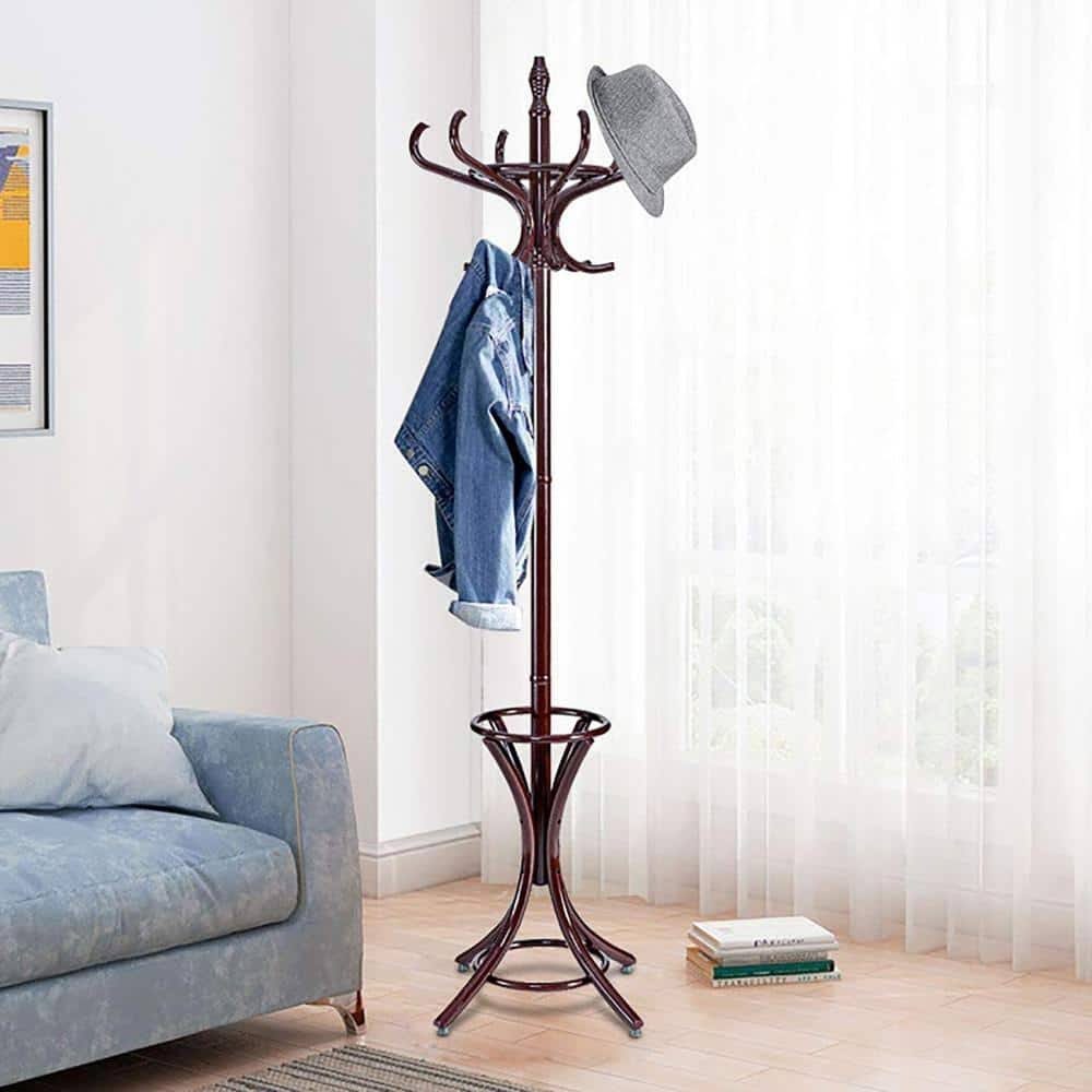 Classic Brown Wooden Coat Rack with 9 Hooks and Umbrella Stand | Image