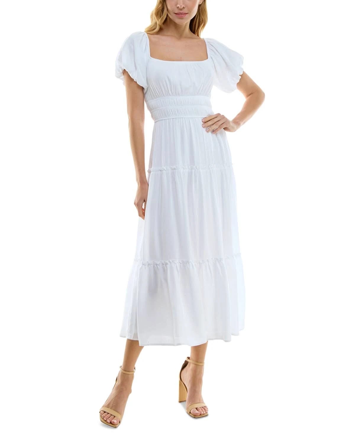 Stylish White Midi Dress with Puff Sleeves and Ruching | Image