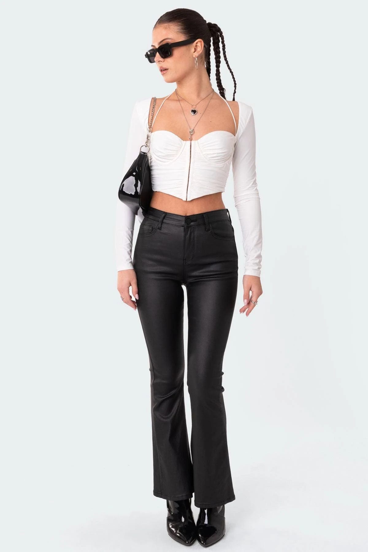 Petite Luna Faux Leather Flare Jeans - Stylish Black for Heights up to 5'4 | Image