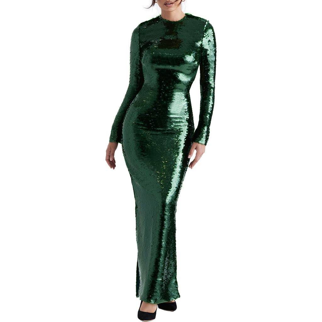 Emerald Green Sequin Long Sleeve Maxi Dress with Open Back | Image