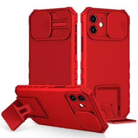 Slim Red Shockproof iPhone 12 Case with Kickstand and Camera Lens Protection | Image