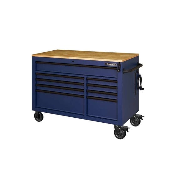 husky-heavy-duty-52-in-9-drawer-mobile-workbench-with-adjustable-height-solid-wood-top-in-matte-blue-1
