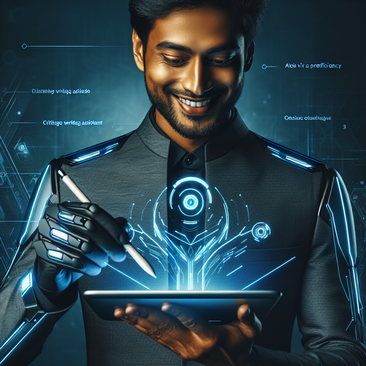 A South Asian male in tech-savvy attire, confidently using a stylus on a futuristic tablet emitting a subtle blue glow.