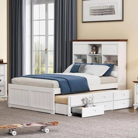 white-and-walnut-wood-frame-full-size-platform-bed-with-bookshelves-headboard-twin-size-trundle-and--1