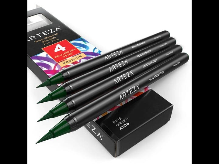 arteza-real-brush-pens-a106-pine-green-pack-of-4-for-watercolor-painting-with-flexible-nylon-brush-t-1