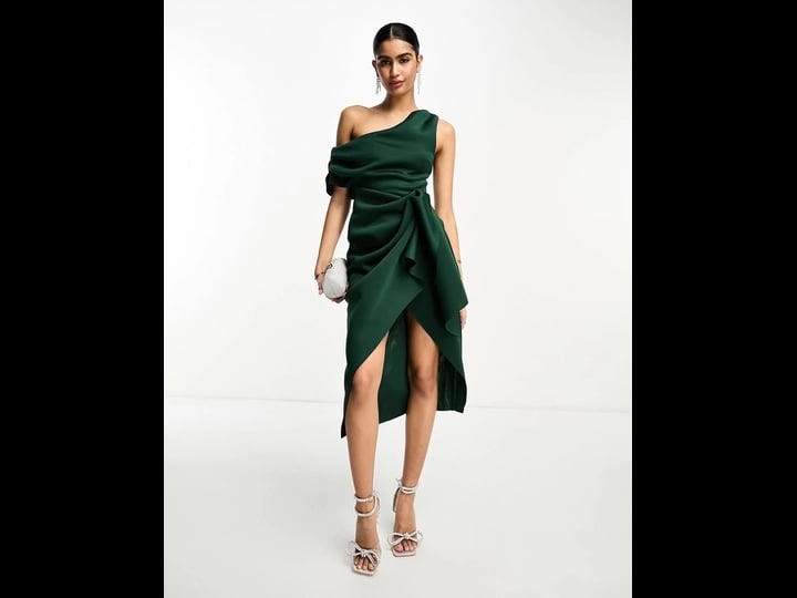 asos-design-fallen-shoulder-manipulated-tuck-bodycon-midi-dress-in-forest-green-1