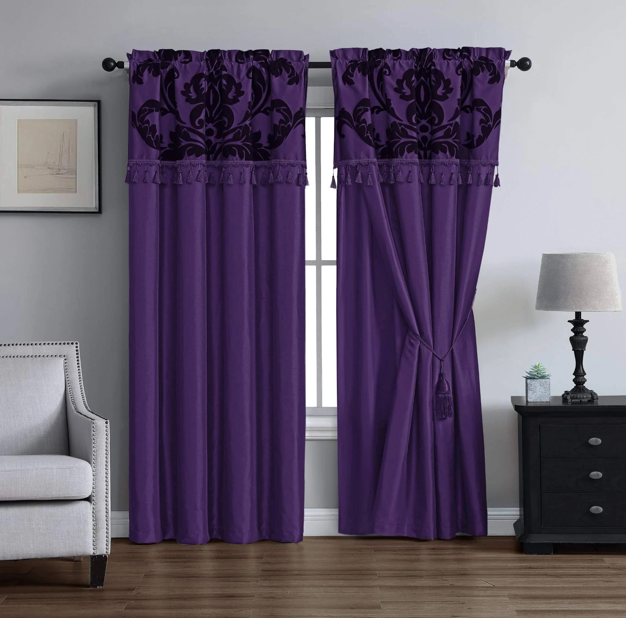 Luxurious 4-Piece Room Darkening Purple Floral Curtain Set for Bedrooms | Image