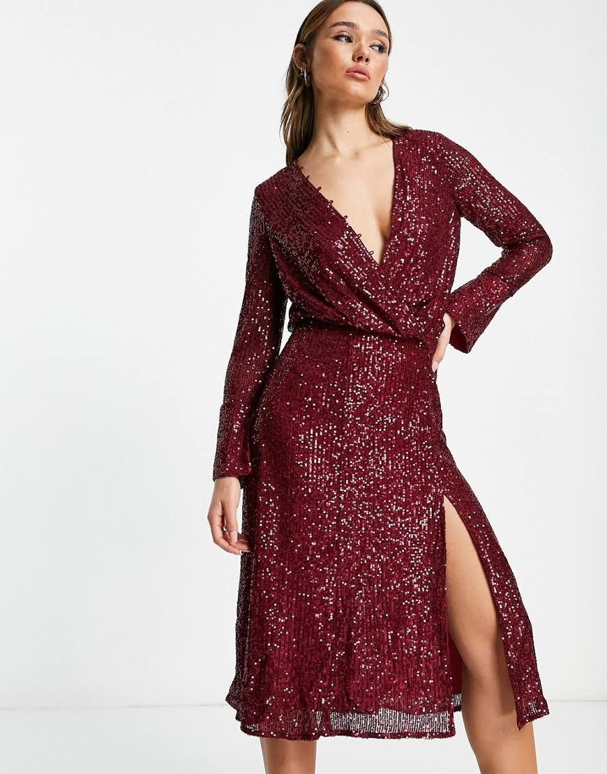 Stylish Burgundy Long Sleeve Party Dress with Open Back | Image