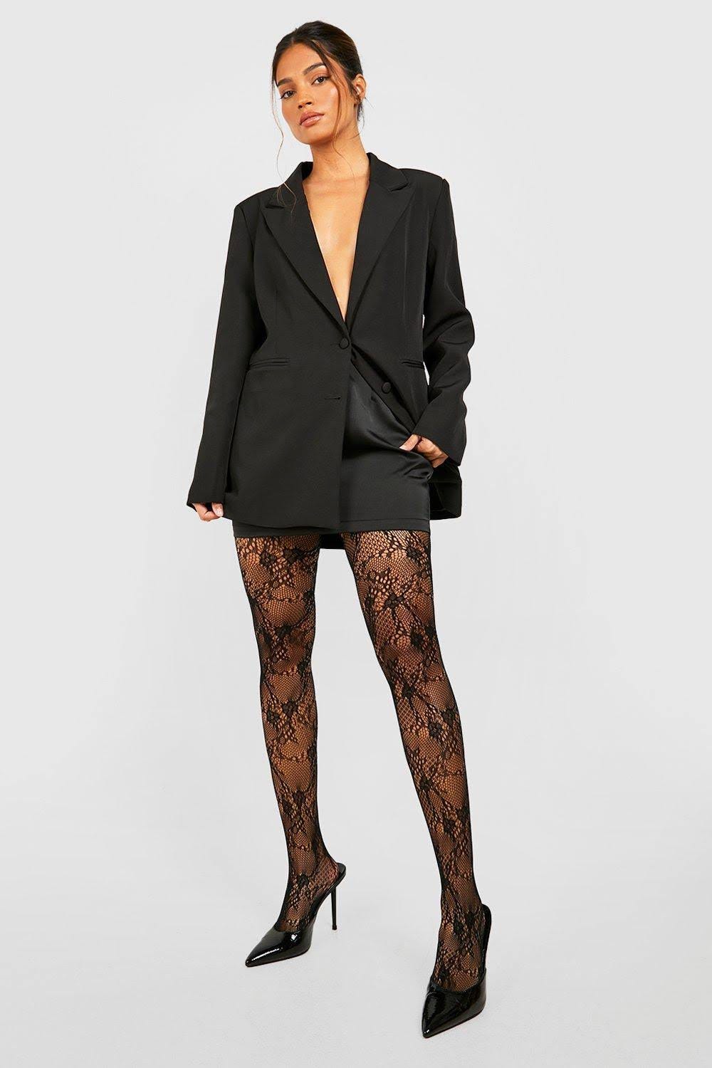 Black Lace Detail Fishnet Tights - One Size | Image