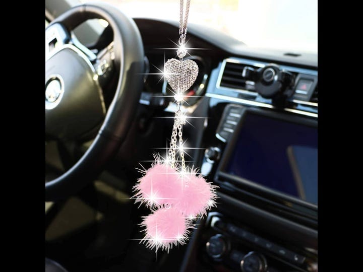 yidexin-bling-car-mirror-accessories-for-women-men-bling-love-heart-and-pink-plush-ball-bling-rinest-1