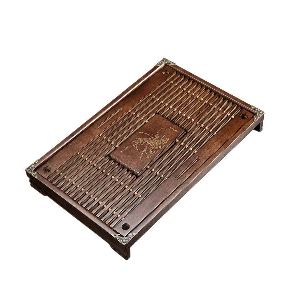 Orchid Engraved Tea Set Tray with Wooden Drainage and Longer Lifespan | Image