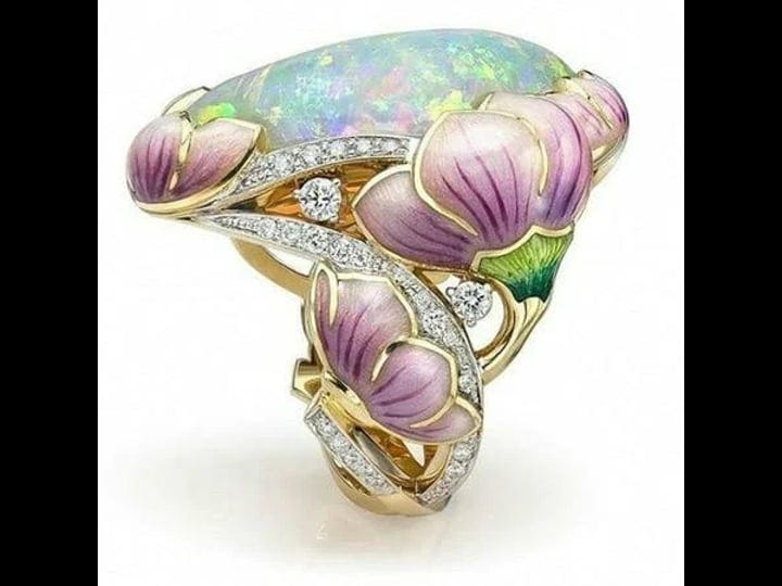 clearance-deals-rings-for-women-18k-solid-gold-floral-lavender-fuchsia-lotus-enamel-oval-cut-fire-op-1