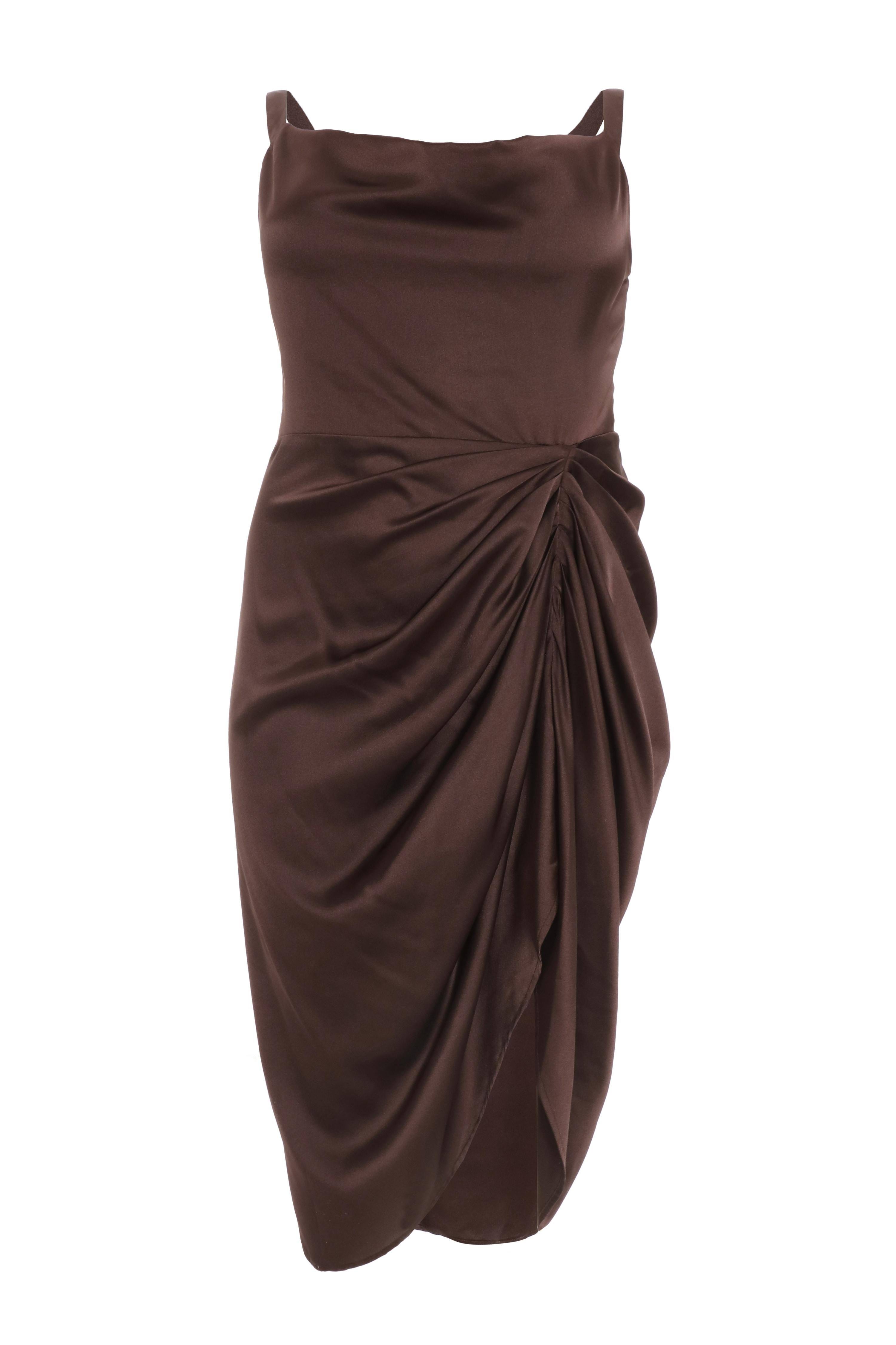 Quiz Curves - Chic Brown Satin Midi Dress with Cowl Neckline | Image