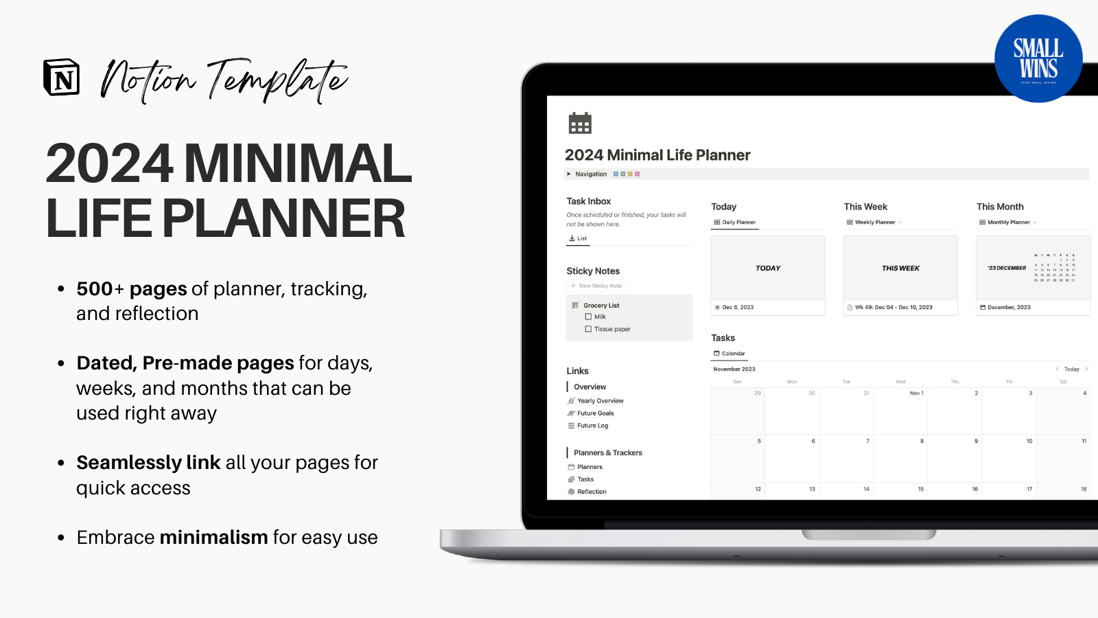 2024 Minimal Life Planner by Small Wins  | Elcovia Marketplace | Notion Templates | Notion Creators