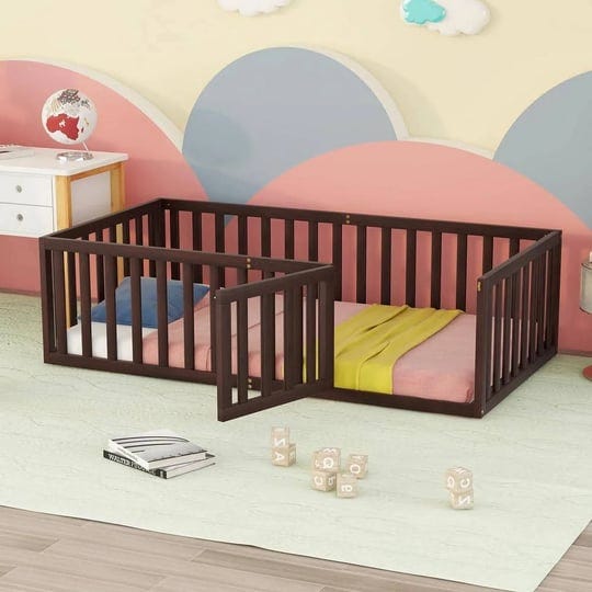 walnut-twin-size-montessori-bed-with-fence-and-door-toddler-floor-bed-frane-twin-size-floor-bed-fram-1