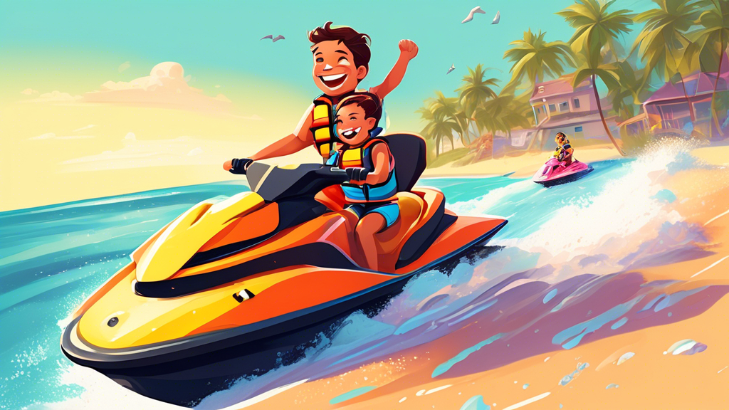 A child in a life jacket on a jet ski with an adult behind them. They both have huge smiles. The background is the ocean and a beach.