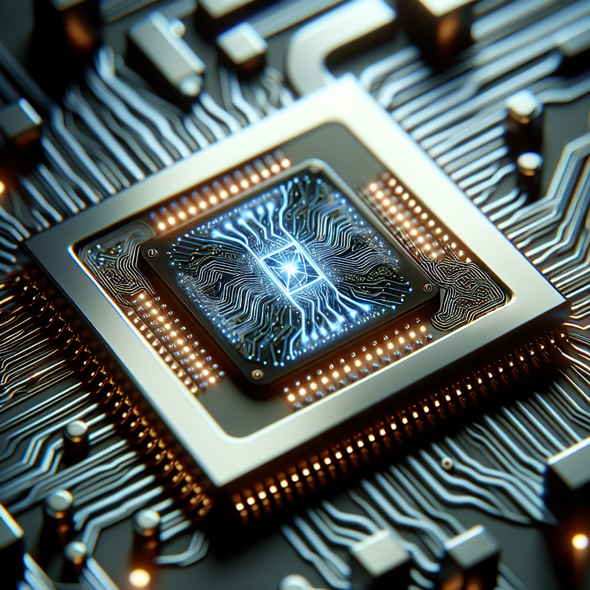 Close-up view of an advanced AI chip, showcasing its intricate glowing circuitry, symbolizing the rapid progression of AI technology.