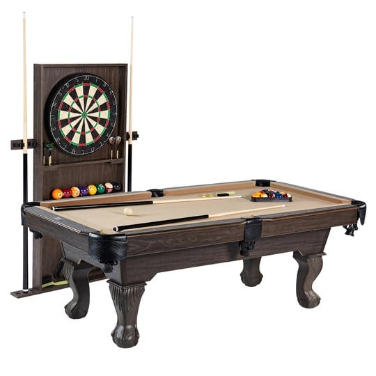 barrington-billiards-90-ball-and-claw-leg-pool-table-with-cue-rack-dartboard-set-tan-1