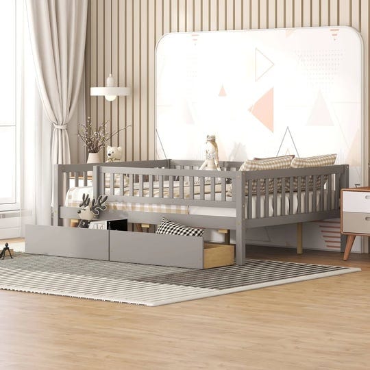 kids-full-size-daybed-with-guardrail-wood-sofa-bed-platform-with-drawers-vintage-style-grey-1