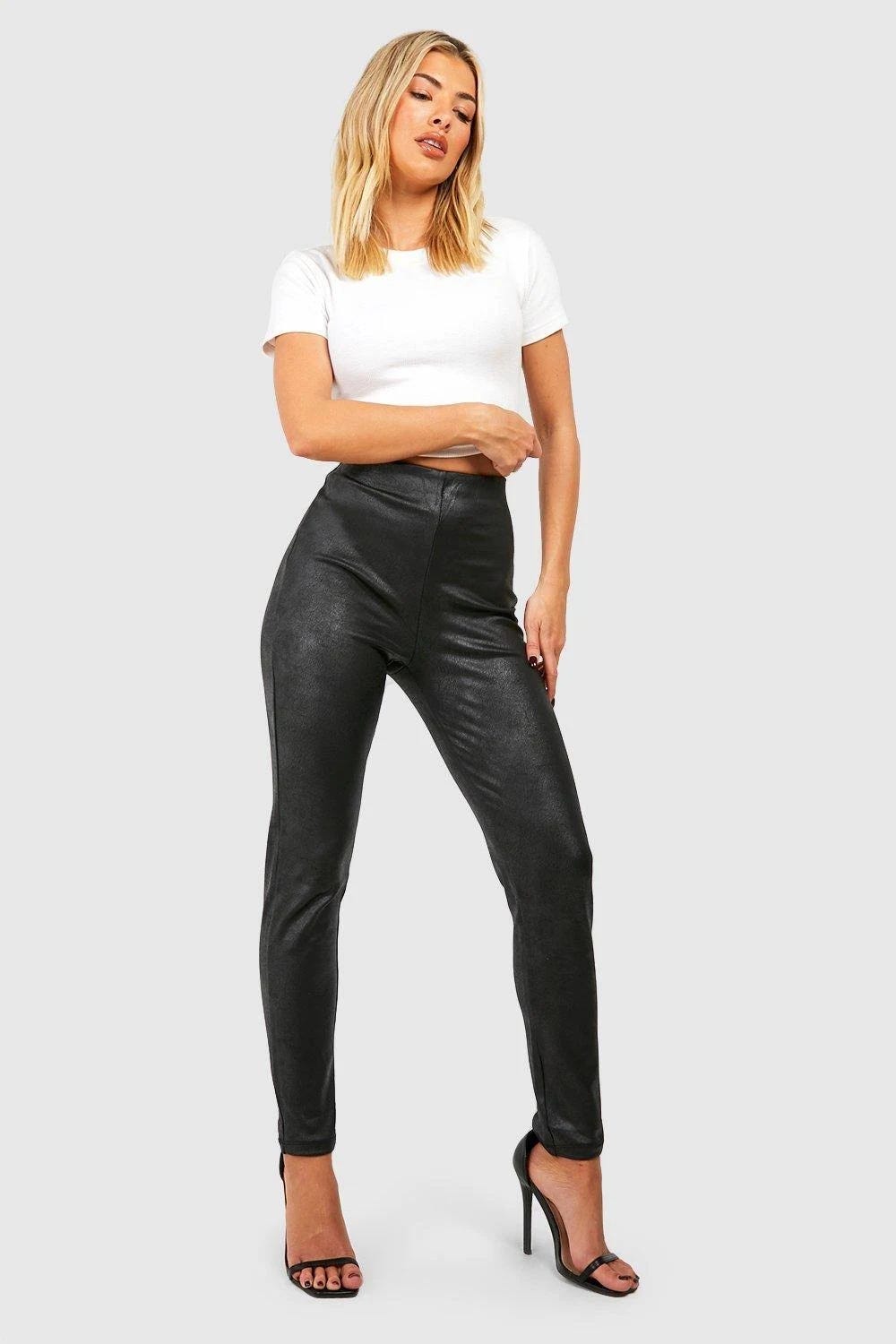 Stylish Black High Waisted Faux Leather Leggings | Image