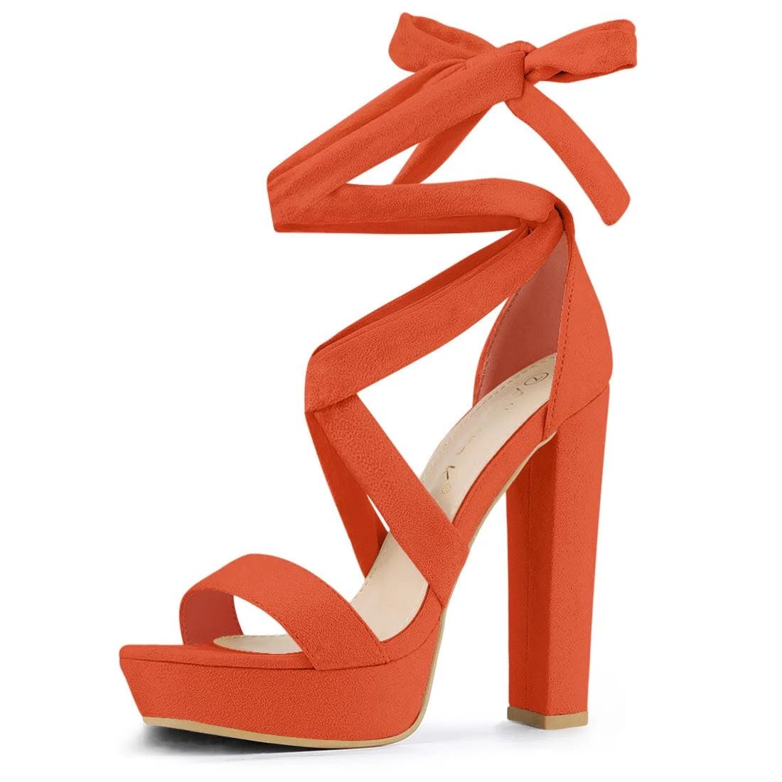 Orange Faux Suede Lace-Up Block Heel Sandals | Image