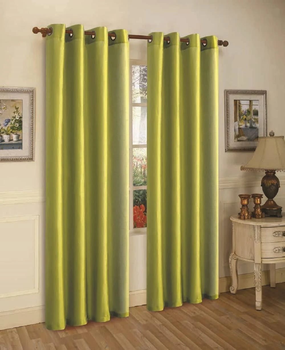 Lime Green Faux Silk Window Curtains with Grommet Detailing | Image