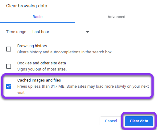 Clear browsing data - cached images and files - google chrome