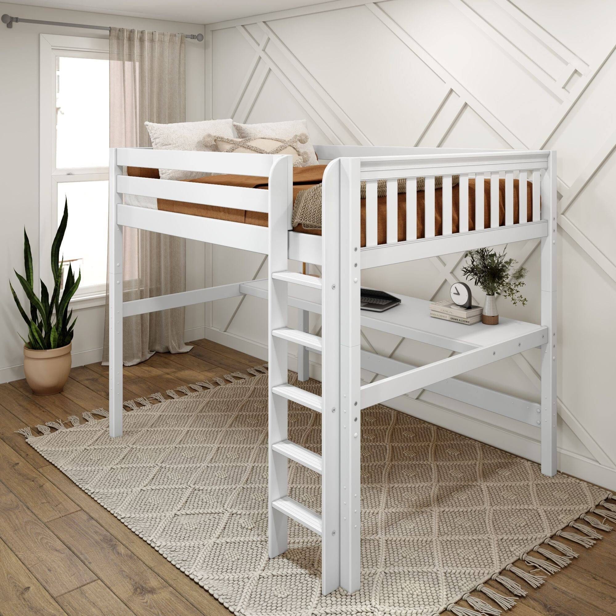 Premium Hardwood Queen Loft Bed with Straight Ladder and Long Desk | Image