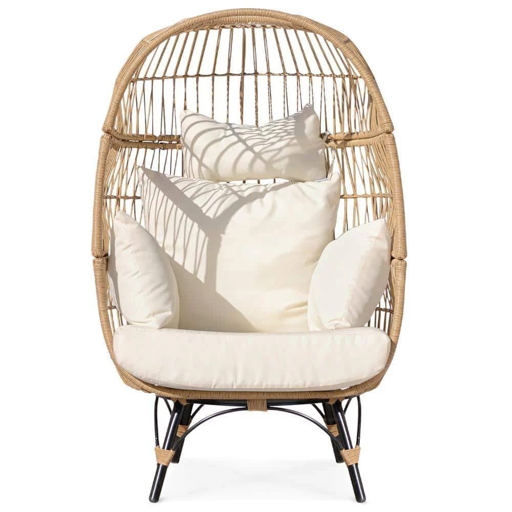 Relaxing Outdoor Patio Wicker Egg Chair with Beige Cushions | Image