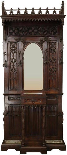 hall-tree-antique-french-gothic-carved-walnut-marble-arch-mirror-iron-coat-rack-1