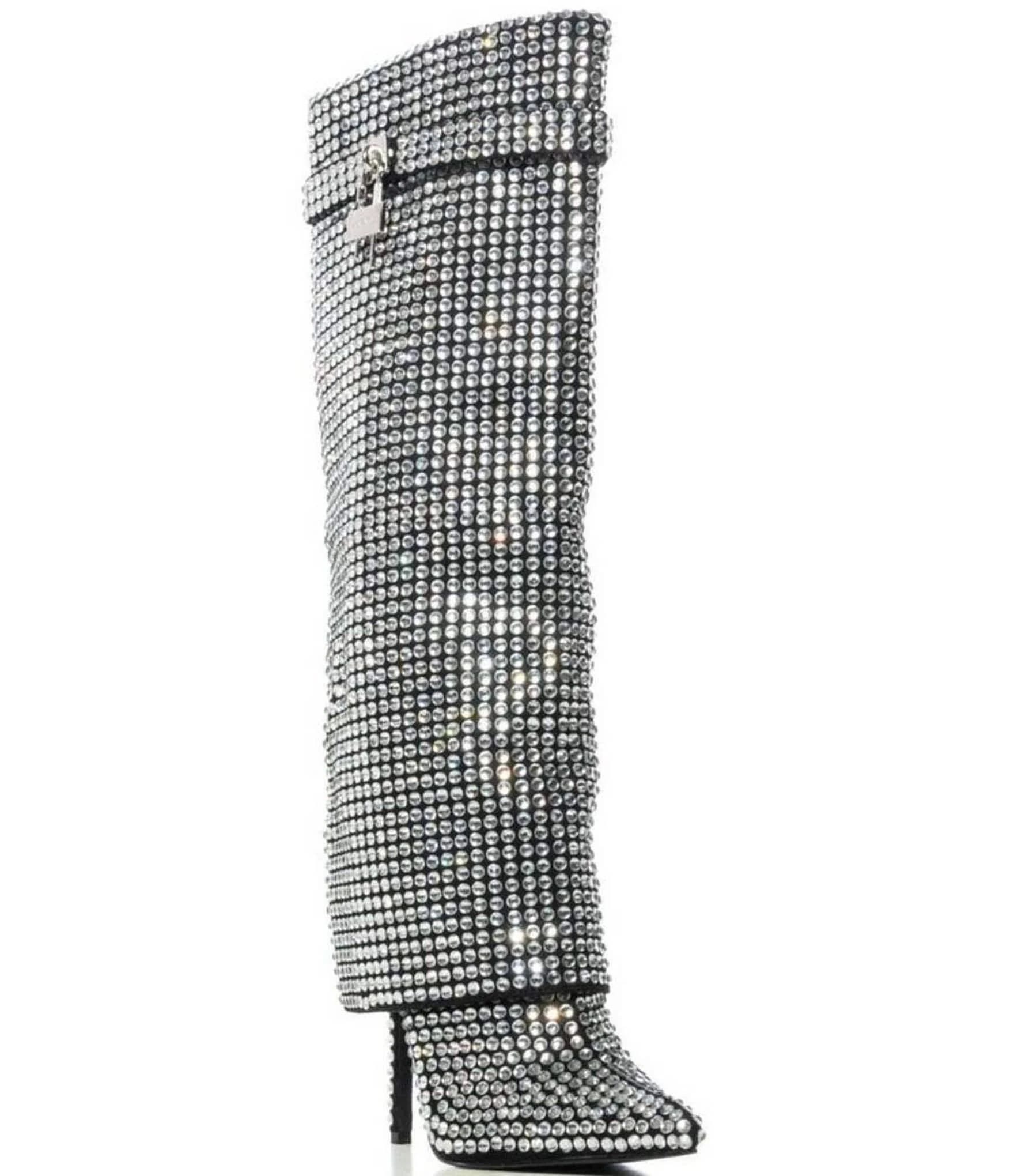 Stylish Crystal Rhinestone Foldover Tall Stiletto Boot | Image