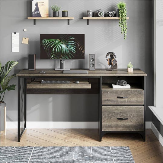 55-inch-computer-desk-with-keyboard-tray-and-storage-drawers-dark-grey-oak-1