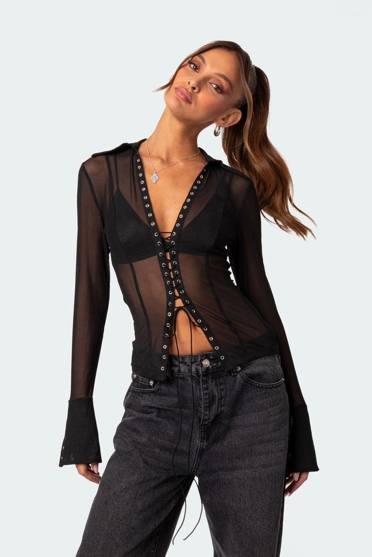 Elegant Lace-Up Sheer Mesh Top in Black | Image