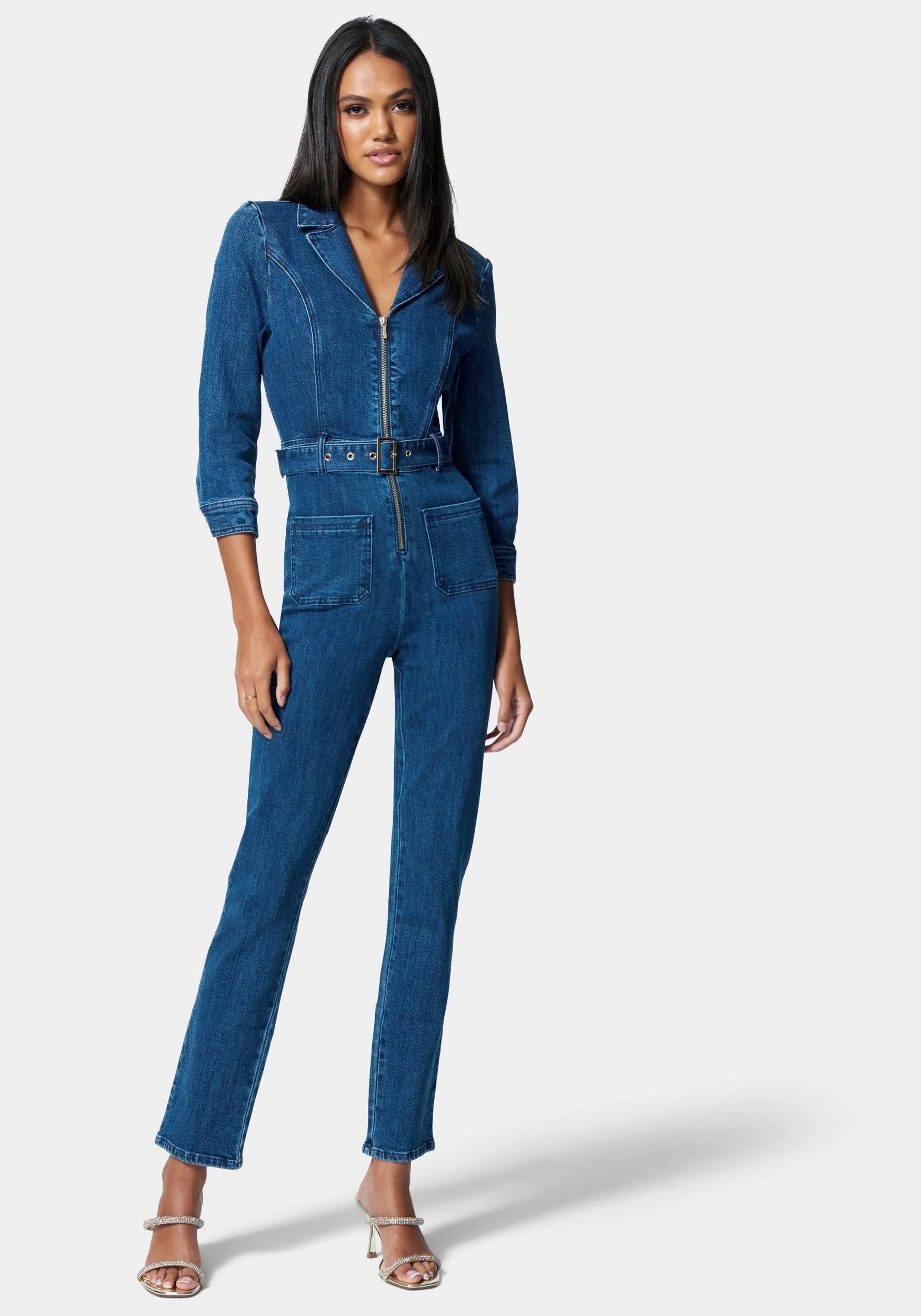 Vintage Stretch Denim Jumpsuit with Zip-Front Design | Image