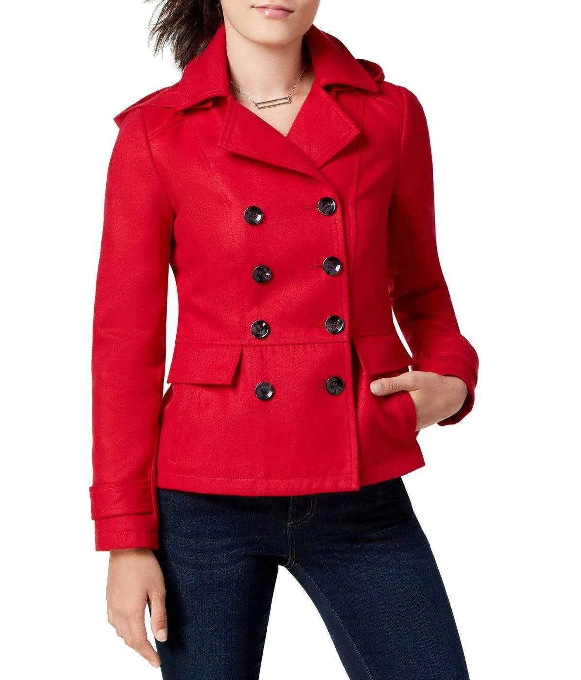 Stylish Mid-Length Red Peacoat with Hood and Double-Breasted Closure | Image