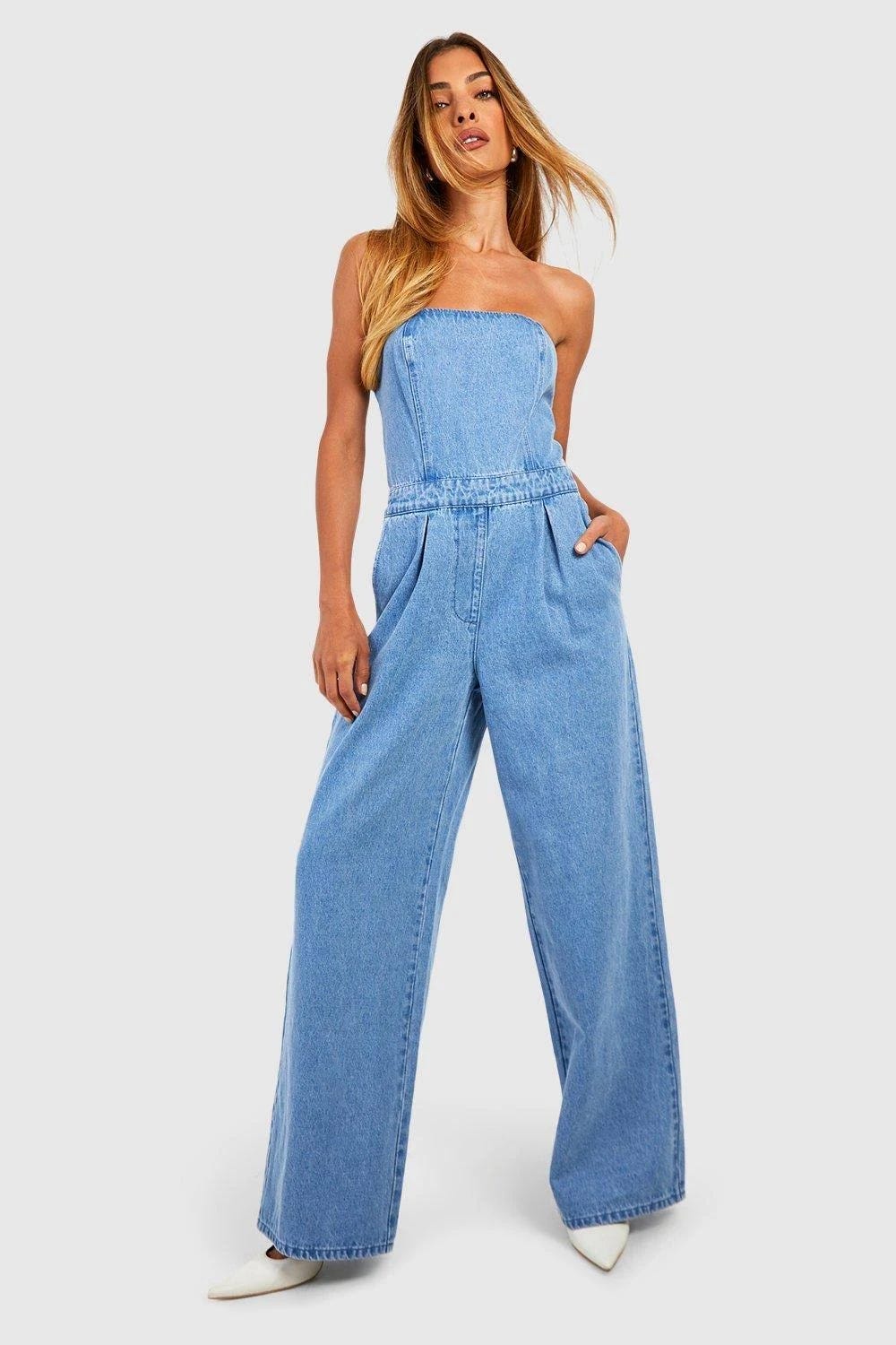 Bandeau Wide Leg Denim Jumpsuit in Blue - Size 4 | Image