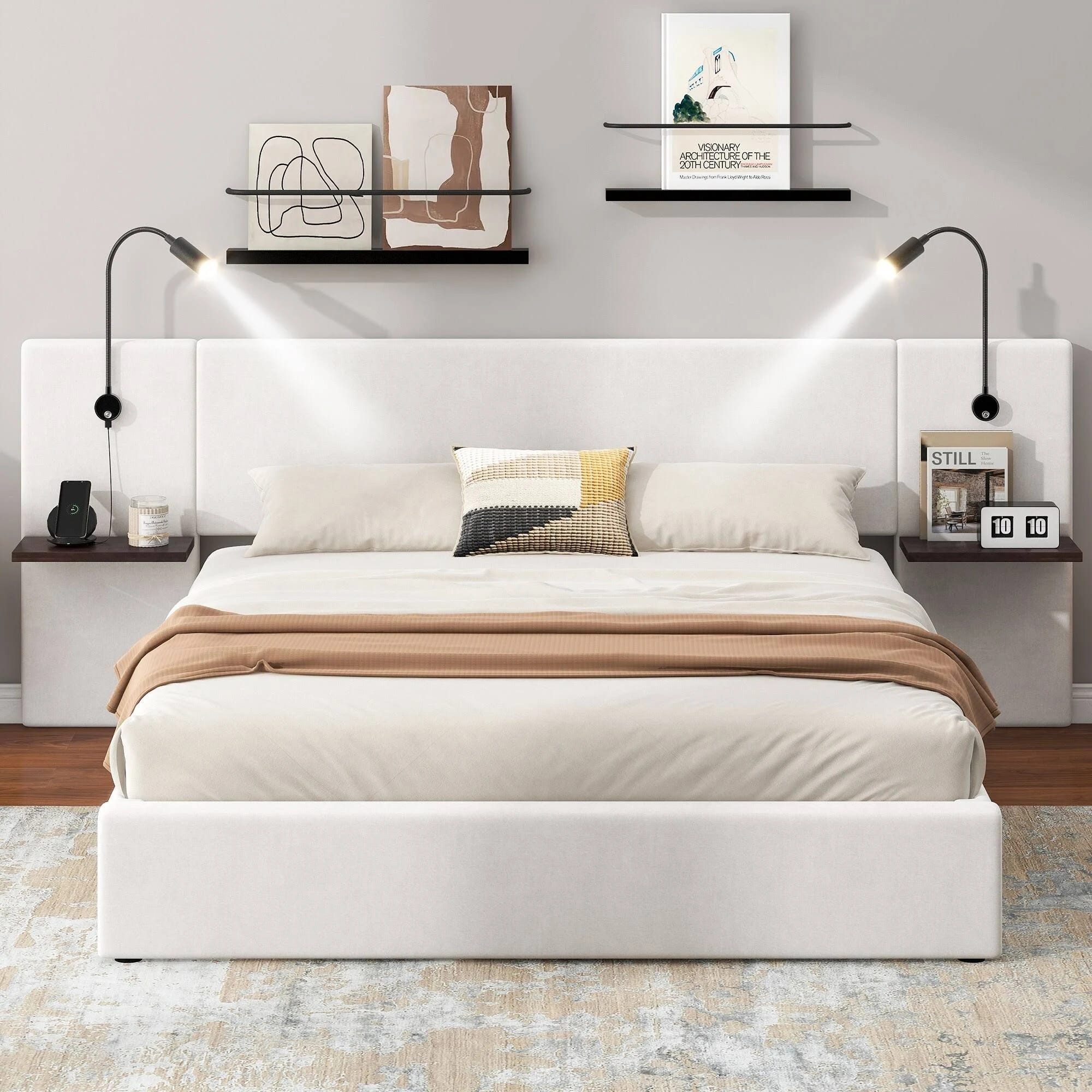 Velvet Upholstered Hydraulic Platform Bed with 2 Shelves & Lights | Image