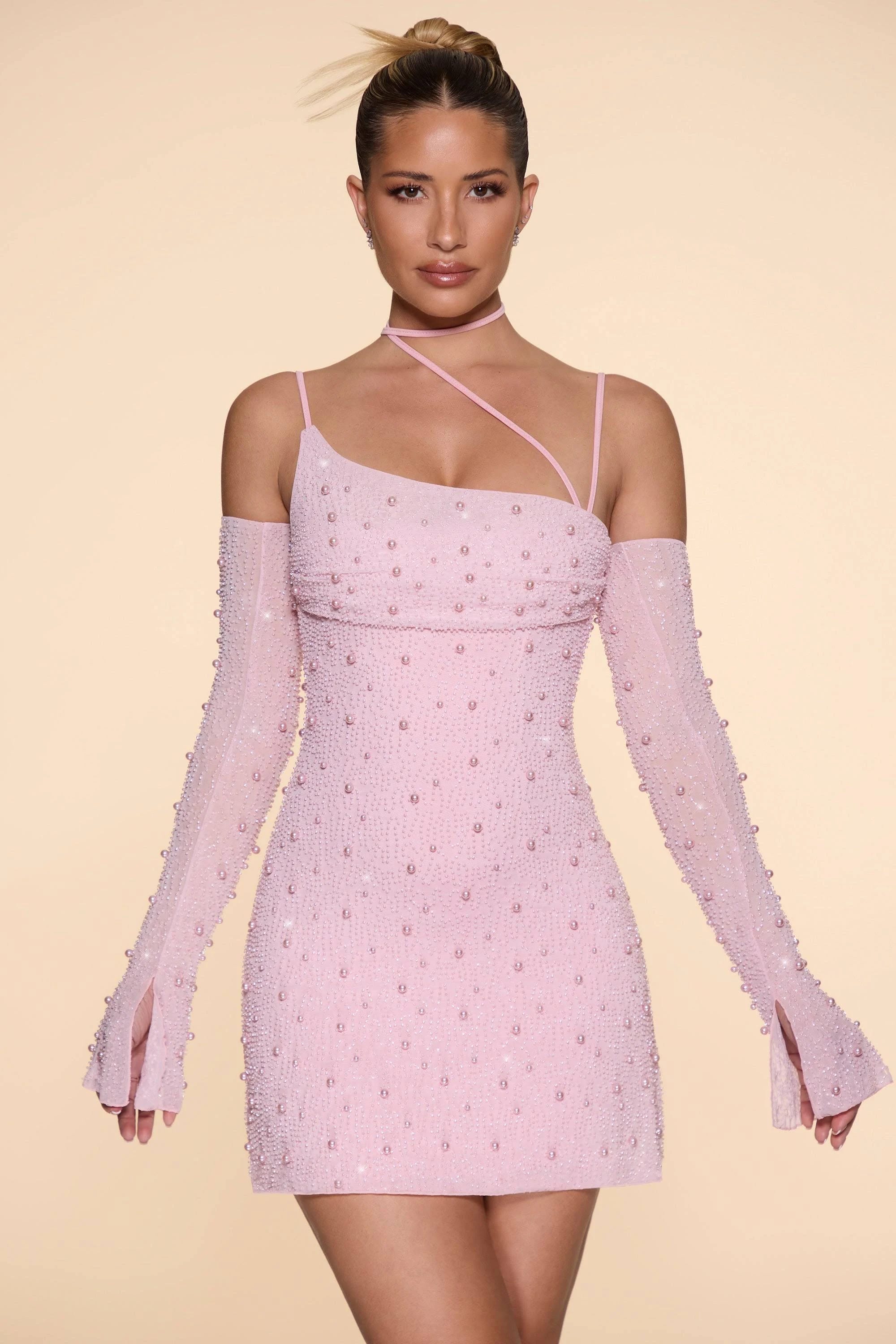 Blush Asymmetric Corset Mini Dress with Embellished Detachable Sleeves | Image