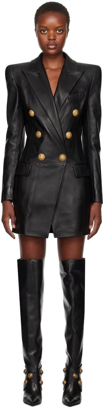 Stylish Black Leather Blazer Mini Dress by Balmain | Image