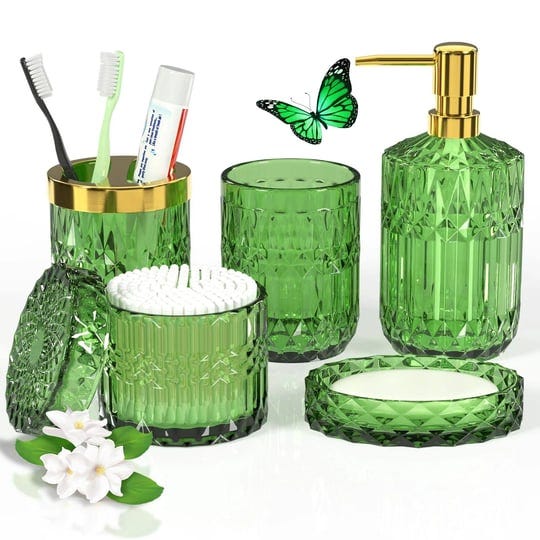 forest-green-bathroom-accessories-set-5-pcs-lotion-soap-dispenser-soap-dish-toothbrush-holder-tumble-1